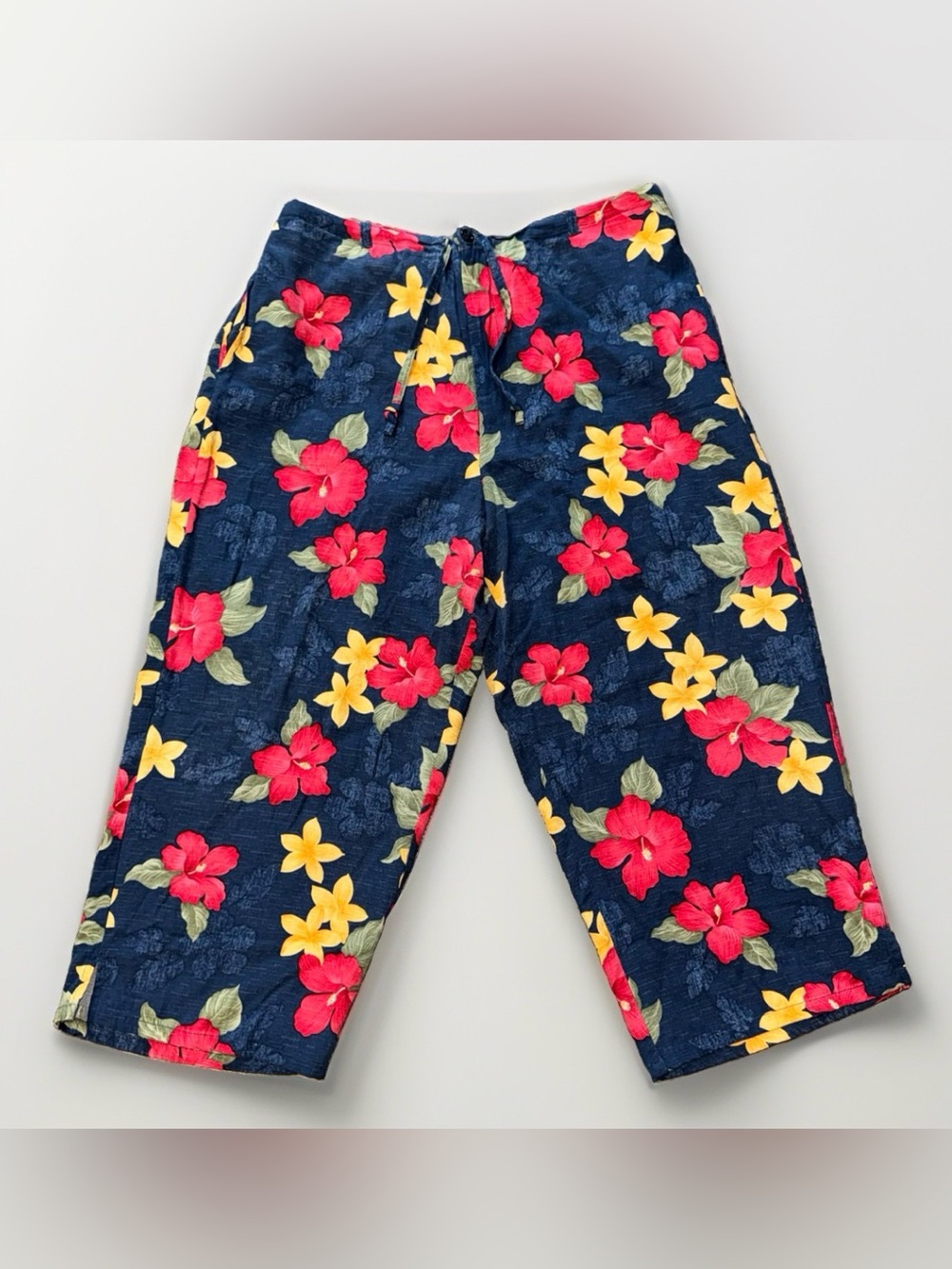 Caribbean Joe Women’s Capri Pants Blue Tropical Hibiscus Floral Crop Size PXL